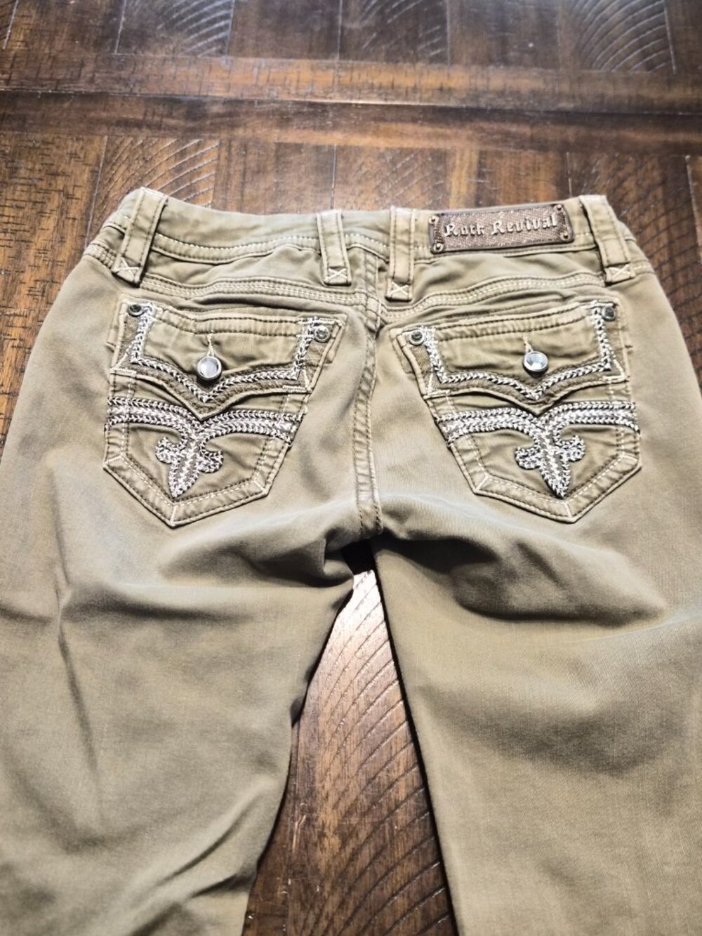 Rock Revival Women's Skinny Jeans in Olive/Tan with Embellished Back Pockets